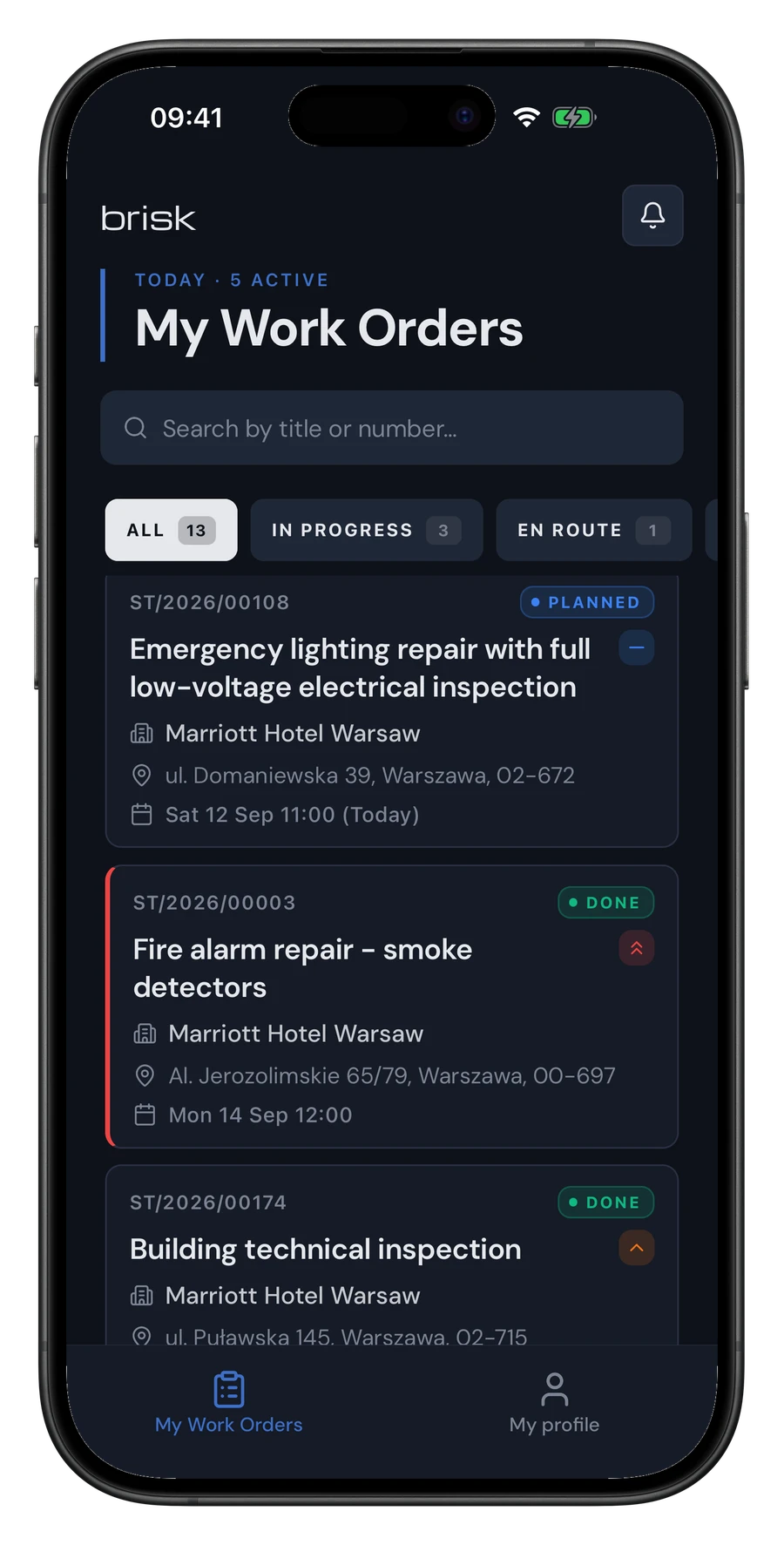 Brisk mobile app — technician's work order list
