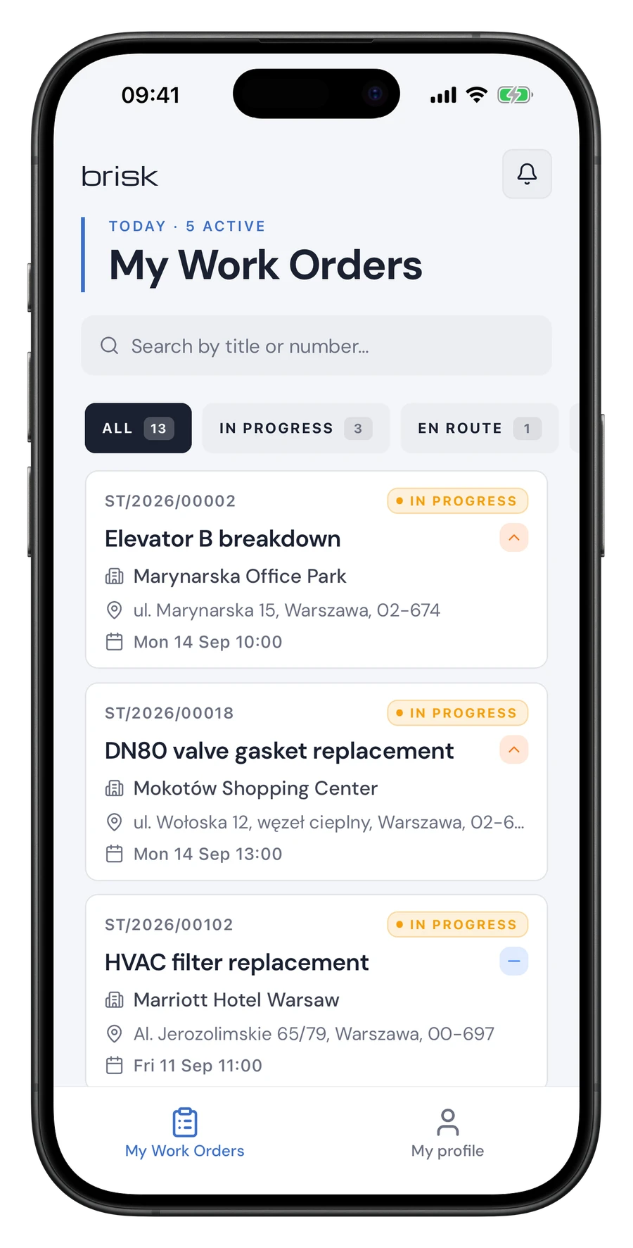 Brisk mobile app — technician's work order list