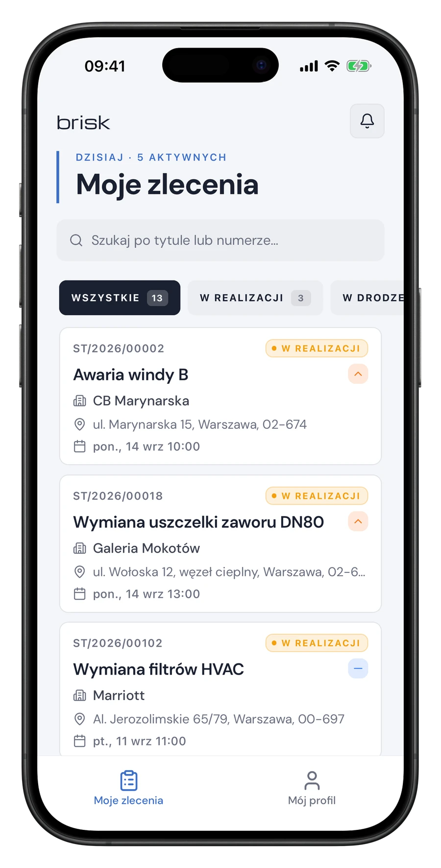 Aplikacja mobilna Brisk — lista zleceń technika